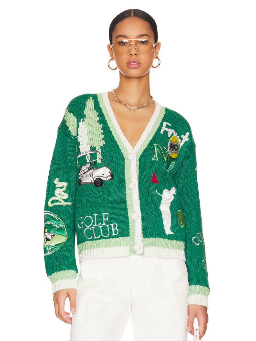 No! Jeans Gone Golfing Cardigan Green Knit NO Golf 5 Large Long Sleeve Sweater